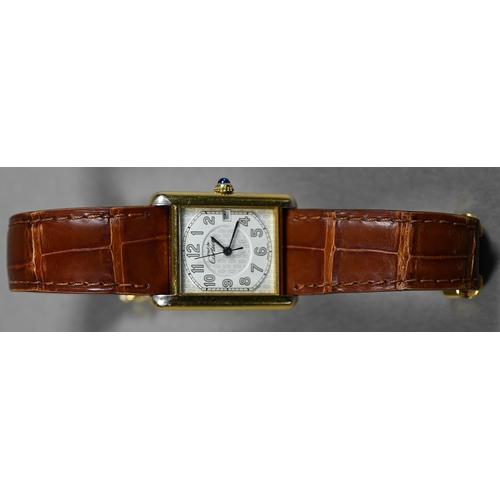 393 - Must de Cartier vermeil (silver gilt) Tank wristwatch with 21 x 18 mm cream dial and cabochon spinel... 