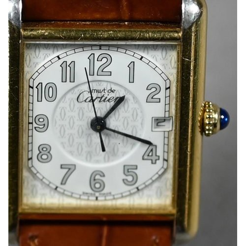 393 - Must de Cartier vermeil (silver gilt) Tank wristwatch with 21 x 18 mm cream dial and cabochon spinel... 