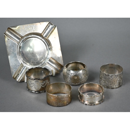40 - Five various silver napkin rings, to/w an ashtray, Chester 1914 (6), 6.6oz