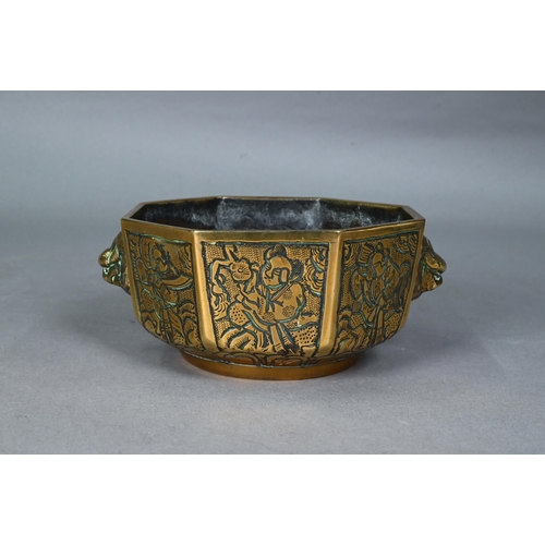 400 - A late 19th century Chinese bronze bowl or censer, late Qing dynasty, octagonal form with a pair of ... 