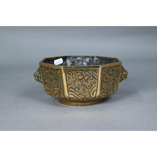 400 - A late 19th century Chinese bronze bowl or censer, late Qing dynasty, octagonal form with a pair of ... 