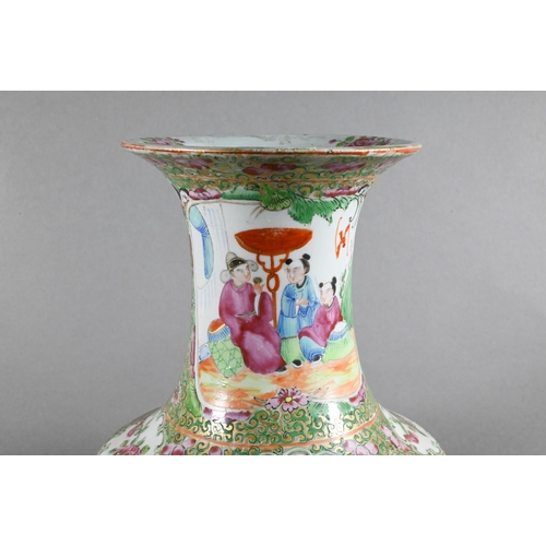 406 - A 19th century Chinese Canton famille rose vase, late Qing dynasty, baluster form with a flared neck... 