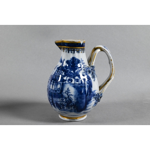 407 - An 18th century Chinese export blue and white sparrow-beak jug and cover with moulded pomegranate fi... 