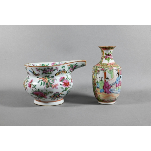 418 - A 19th century Chinese Canton famille rose jug painted in polychrome enamels with birds, butterflies... 