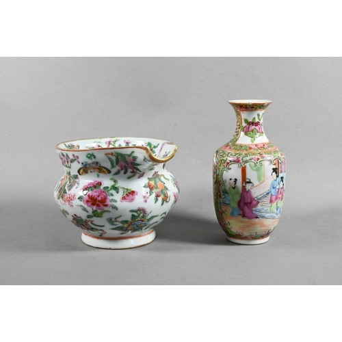 418 - A 19th century Chinese Canton famille rose jug painted in polychrome enamels with birds, butterflies... 