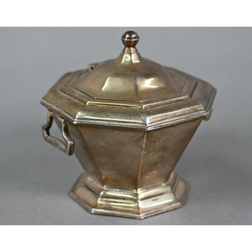 43 - Proto-Art Deco style octagonal sugar basin of tapering form with hinged cover and handles, Samuel Wa... 