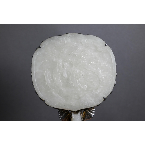 430 - A 19th century Chinese white jade and white metal mounted hand mirror, Qing dynasty, with cloud shap... 