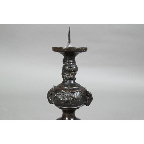 434 - Four late 19th or early 20th century Japanese bronzes comprising a small baluster vase with flared n... 