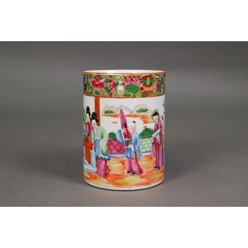 440 - A late 19th century Chinese famille rose tankard entwinned strap handle, the exterior painted in pol... 