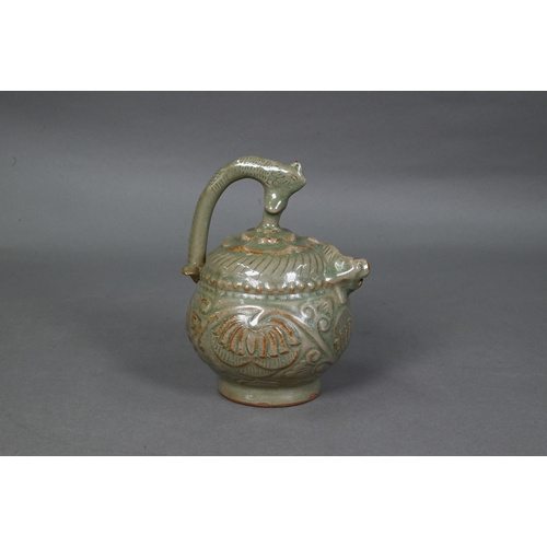 442 - A Chinese Yaozhou celadon cadogan teapot or wine pot in the Northern Sony dynasty style, with moulde... 