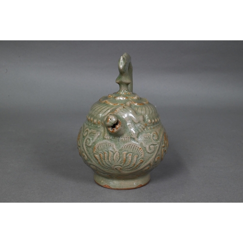 442 - A Chinese Yaozhou celadon cadogan teapot or wine pot in the Northern Sony dynasty style, with moulde... 