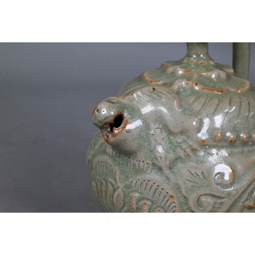 442 - A Chinese Yaozhou celadon cadogan teapot or wine pot in the Northern Sony dynasty style, with moulde... 