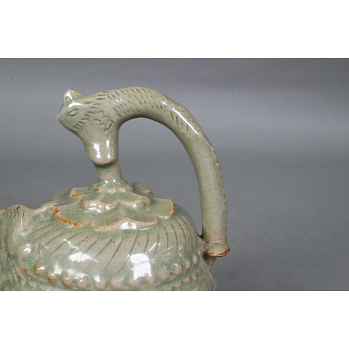 442 - A Chinese Yaozhou celadon cadogan teapot or wine pot in the Northern Sony dynasty style, with moulde... 