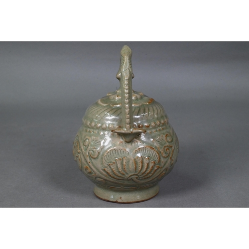 442 - A Chinese Yaozhou celadon cadogan teapot or wine pot in the Northern Sony dynasty style, with moulde... 