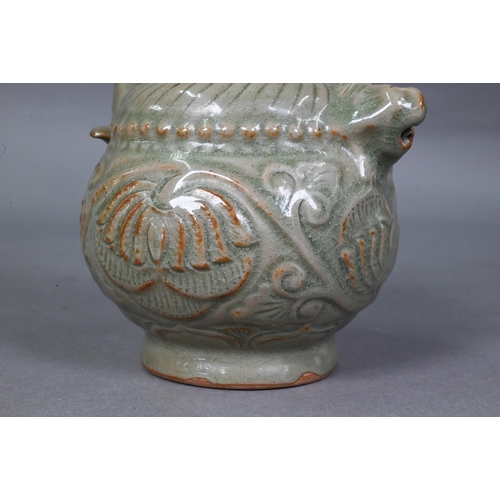 442 - A Chinese Yaozhou celadon cadogan teapot or wine pot in the Northern Sony dynasty style, with moulde... 