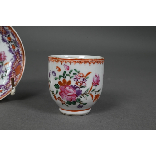 447 - An 18th century Chinese export famille rose miniature teacup, 4.5 cm h and saucer, 8.5 cm diameter, ... 