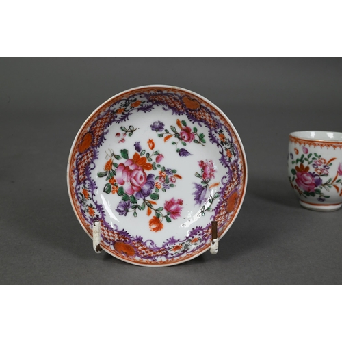 447 - An 18th century Chinese export famille rose miniature teacup, 4.5 cm h and saucer, 8.5 cm diameter, ... 