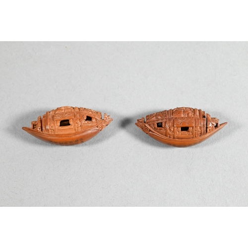 451 - Four Chinese carved fruit pit or fruit stone items, Guangdong province, including two boat carvings ... 