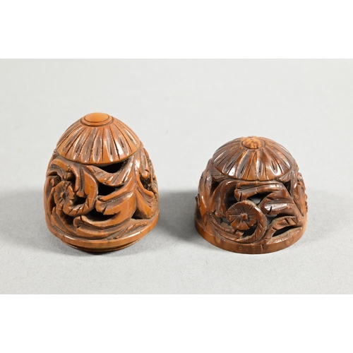 451 - Four Chinese carved fruit pit or fruit stone items, Guangdong province, including two boat carvings ... 