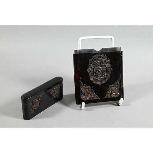 455 - A 19th century Chinese Canton tortoiseshell card-case carved with floral designs around the central ... 