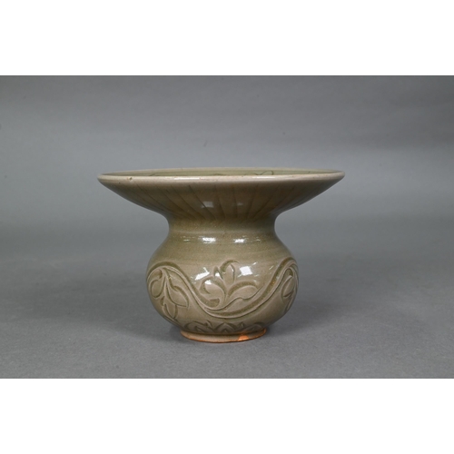 457 - A Chinese Yaozhou celadon cuspidor (zha dou) in the Northern Song dynasty style, incised with flower... 