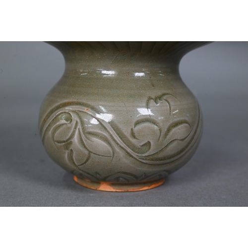 457 - A Chinese Yaozhou celadon cuspidor (zha dou) in the Northern Song dynasty style, incised with flower... 