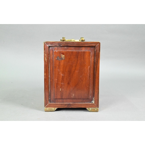 458 - A Chinese rosewood jewellery or keepsake cabinet with engraved brass mounts and top handle, the smal... 