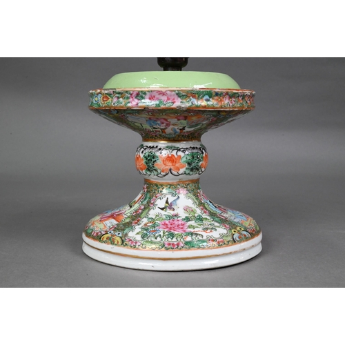 460 - A late 19th century Chinese Canton famille rose stand (lamped) gilded and painted with figures, bird... 