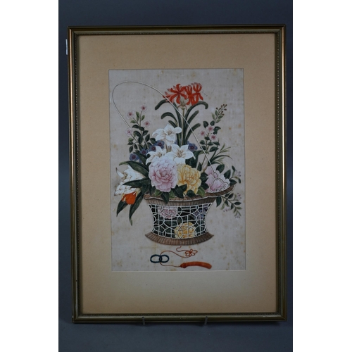 462 - An early 20th century Chinese painting of a basked filled with various flowers, ink and watercolour ... 