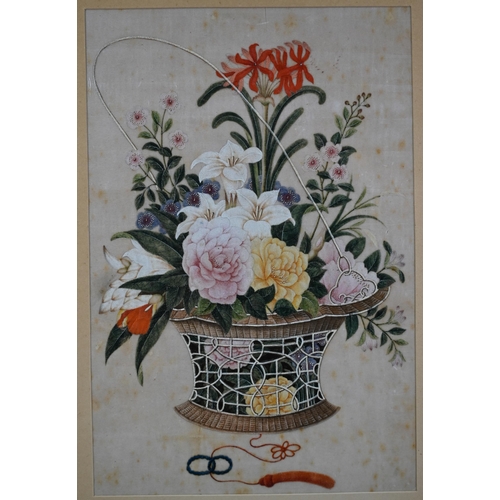 462 - An early 20th century Chinese painting of a basked filled with various flowers, ink and watercolour ... 