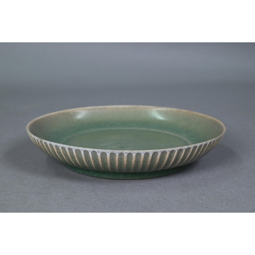 465 - A Chinese celadon dish with combed exterior, covered in a crackled olive green glaze thinning in col... 