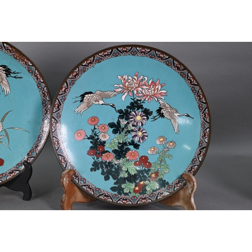 472 - A pair of 19th century Japanese cloisonne chargers, decorated in polychrome enamels with red red-cro... 