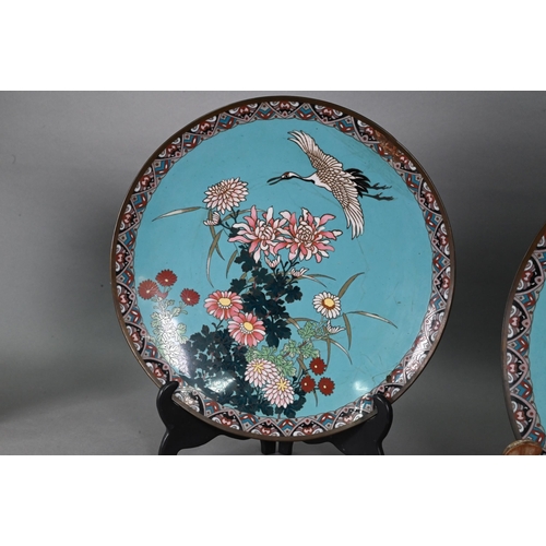 472 - A pair of 19th century Japanese cloisonne chargers, decorated in polychrome enamels with red red-cro... 