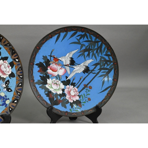 472 - A pair of 19th century Japanese cloisonne chargers, decorated in polychrome enamels with red red-cro... 