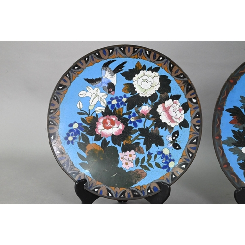 472 - A pair of 19th century Japanese cloisonne chargers, decorated in polychrome enamels with red red-cro... 