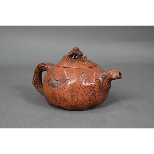 475 - A Chinese naturalistic Yixing teapot and cover with gnarled finial and handle moulded with ladybirds... 