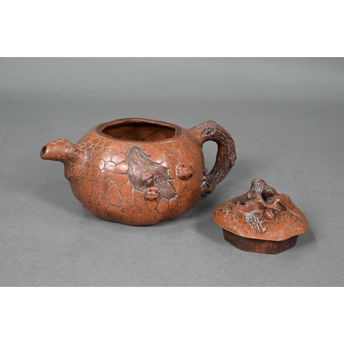 475 - A Chinese naturalistic Yixing teapot and cover with gnarled finial and handle moulded with ladybirds... 