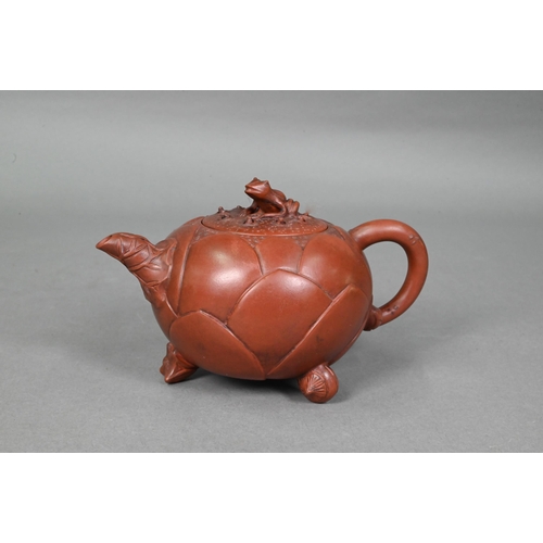 476 - A Chinese Yixing gloular lotus leaf teapot and cover with frog finial 18 cm w x 10 cm h to/w another... 