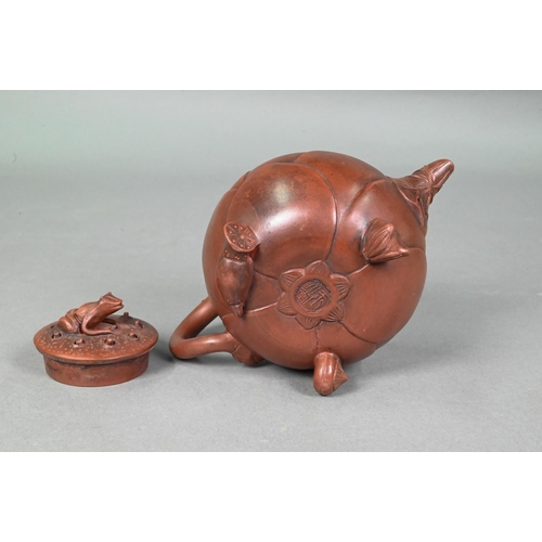 476 - A Chinese Yixing gloular lotus leaf teapot and cover with frog finial 18 cm w x 10 cm h to/w another... 