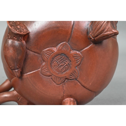 476 - A Chinese Yixing gloular lotus leaf teapot and cover with frog finial 18 cm w x 10 cm h to/w another... 