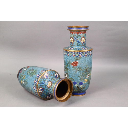 478 - A pair of 19th century Chinese cloisonne on brass rouleau vases decorated in polychrome enamels with... 