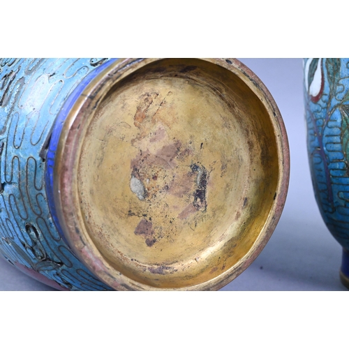 478 - A pair of 19th century Chinese cloisonne on brass rouleau vases decorated in polychrome enamels with... 