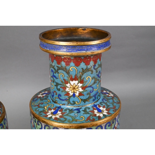 478 - A pair of 19th century Chinese cloisonne on brass rouleau vases decorated in polychrome enamels with... 