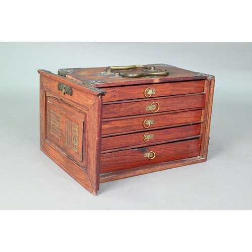 482 - A Chinese Mah Jong set, the hardwood brass mounted case having two brass handles and sliding front p... 