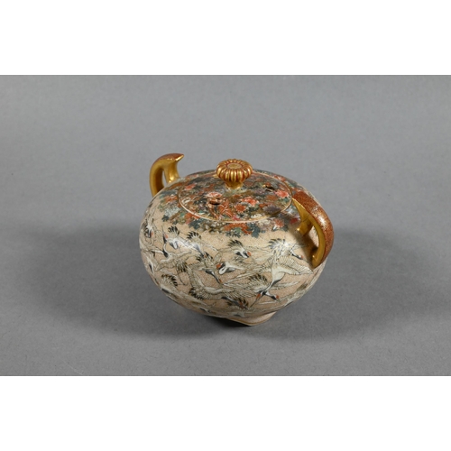 485 - A small Satsuma twin-handled koro and cover with chrysanthemum finial,  gilded and finely painted in... 