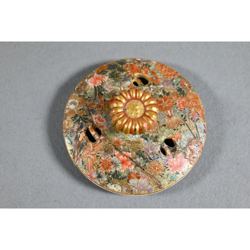 485 - A small Satsuma twin-handled koro and cover with chrysanthemum finial,  gilded and finely painted in... 