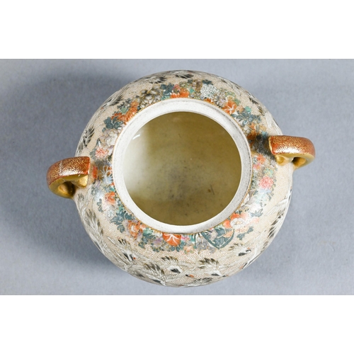 485 - A small Satsuma twin-handled koro and cover with chrysanthemum finial,  gilded and finely painted in... 