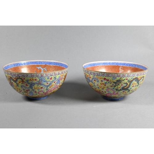 487 - Two 20th century Chinese egg-shell porcelain bowls painted interiors with phoenix and feather-scroll... 