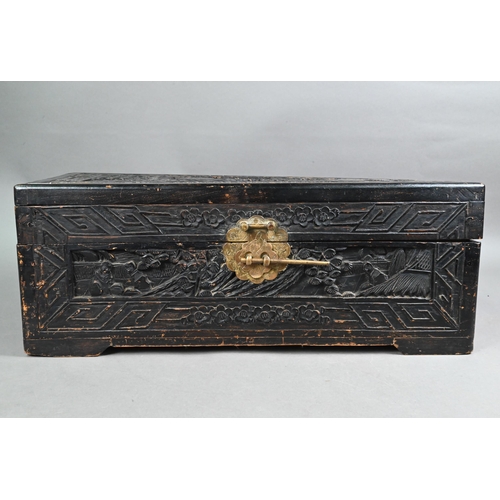 498 - An early 20th century Chinese hardwood and camphor lined table top scholars chest, the exterior prof... 