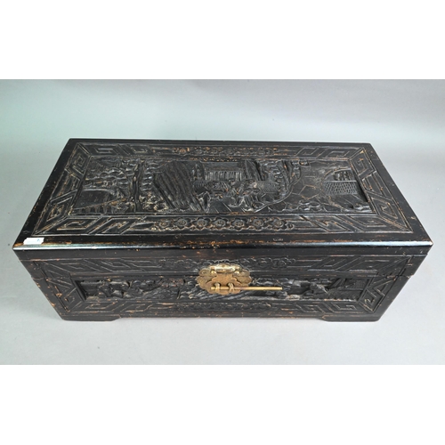 498 - An early 20th century Chinese hardwood and camphor lined table top scholars chest, the exterior prof... 